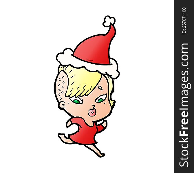 hand drawn gradient cartoon of a surprised girl wearing santa hat