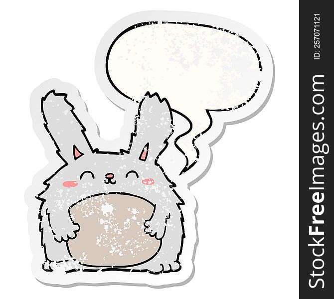 cartoon furry rabbit with speech bubble distressed distressed old sticker. cartoon furry rabbit with speech bubble distressed distressed old sticker