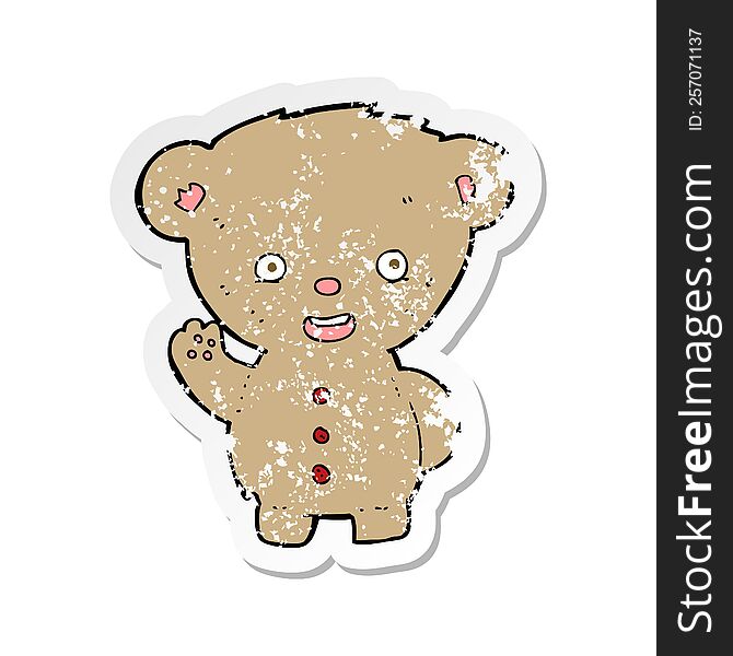 Retro Distressed Sticker Of A Cartoon Teddy Bear Waving