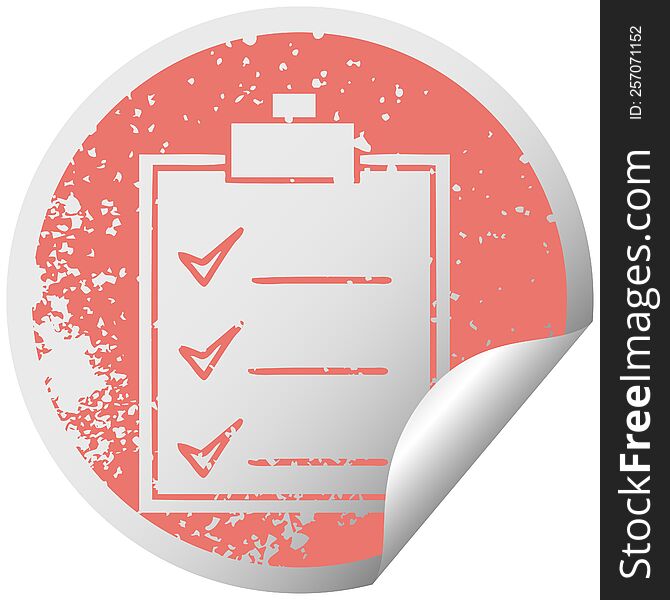 distressed circular peeling sticker symbol of a check list
