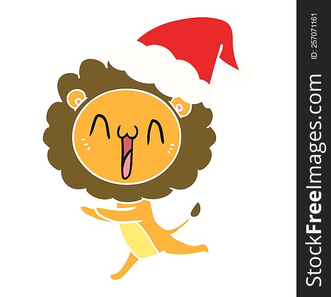 happy hand drawn flat color illustration of a lion wearing santa hat. happy hand drawn flat color illustration of a lion wearing santa hat