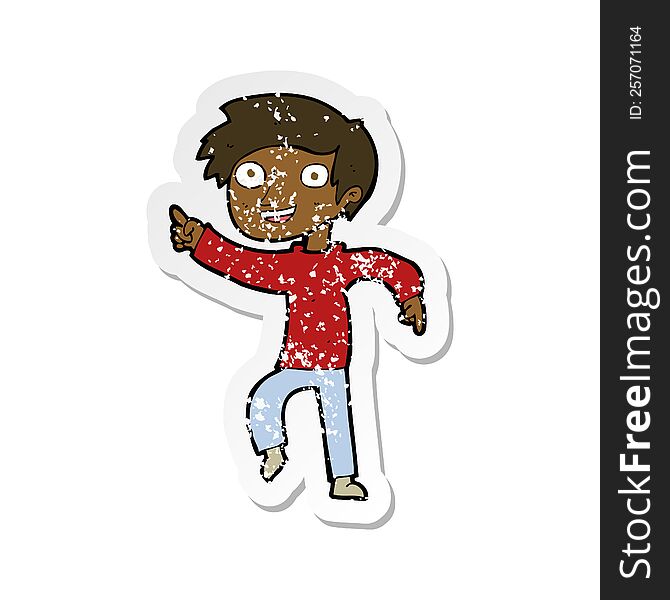 Retro Distressed Sticker Of A Cartoon Happy Boy Pointing