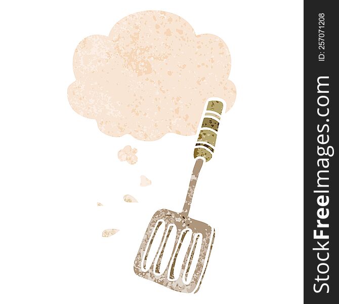 cartoon kitchen spatula with thought bubble in grunge distressed retro textured style. cartoon kitchen spatula with thought bubble in grunge distressed retro textured style