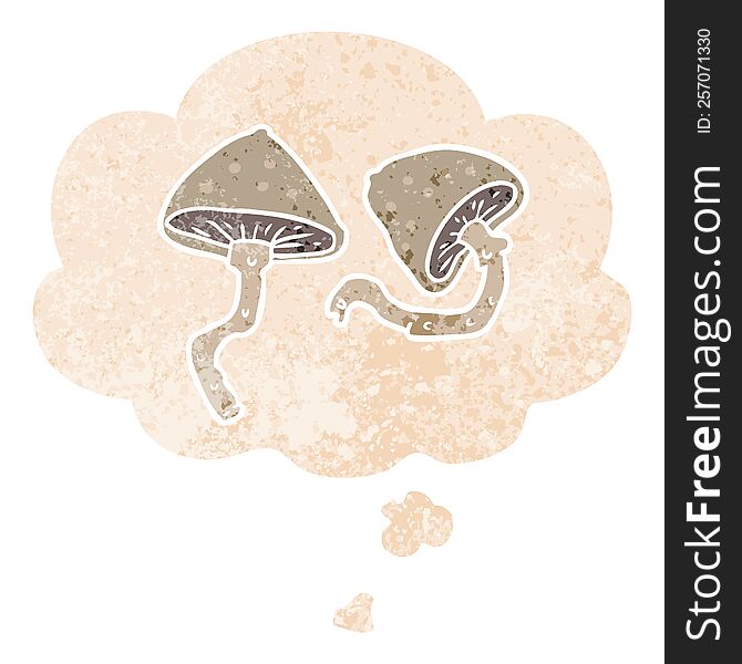 cartoon mushrooms with thought bubble in grunge distressed retro textured style. cartoon mushrooms with thought bubble in grunge distressed retro textured style