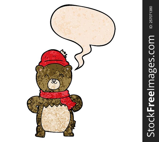 cute cartoon bear with speech bubble in retro texture style