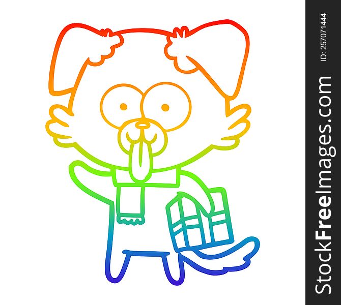 rainbow gradient line drawing of a cartoon dog with christmas present