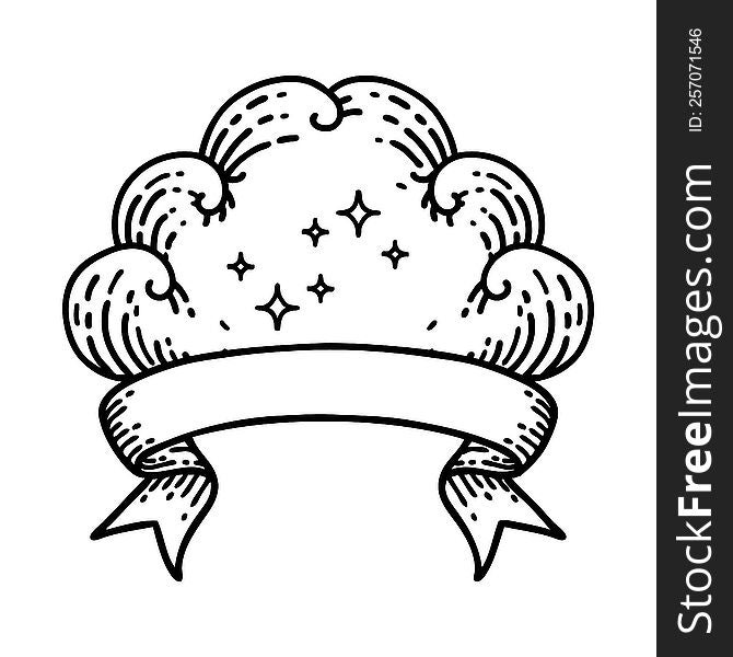 Black Linework Tattoo With Banner Of A Cloud