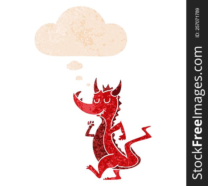 Cartoon Cute Dragon And Thought Bubble In Retro Textured Style