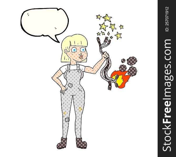 freehand drawn comic book speech bubble cartoon female electrician