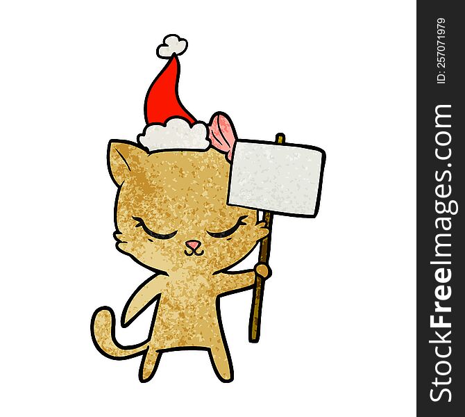Cute Textured Cartoon Of A Cat With Sign Wearing Santa Hat