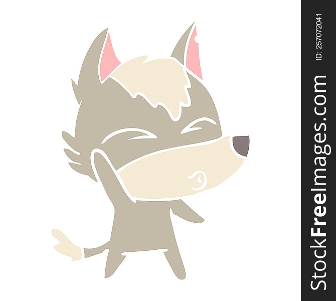 flat color style cartoon waving wolf whistling