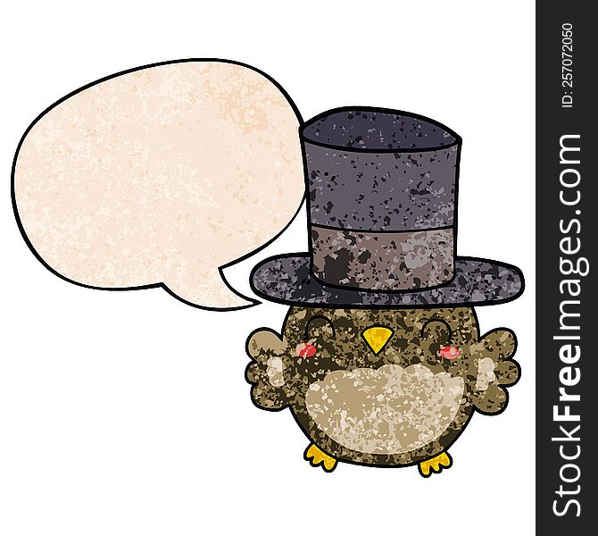 cartoon owl wearing top hat with speech bubble in retro texture style