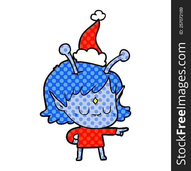 hand drawn comic book style illustration of a alien girl wearing santa hat