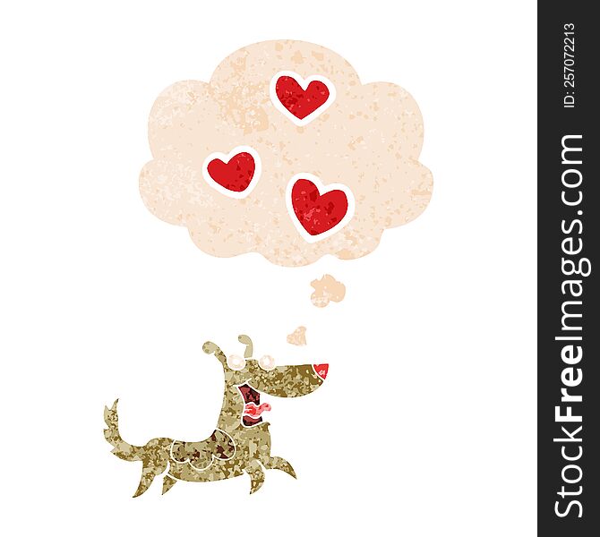 cartoon dog with love hearts and thought bubble in retro textured style