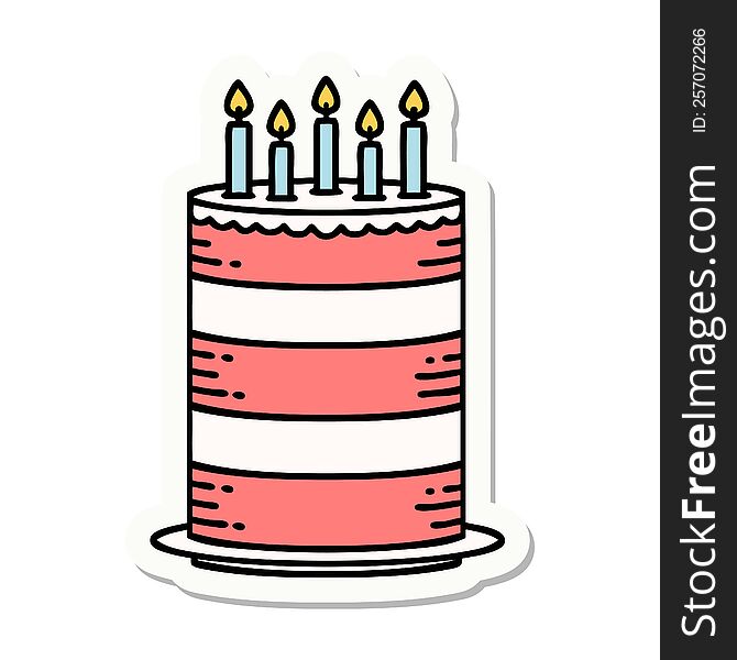 sticker of tattoo in traditional style of a birthday cake. sticker of tattoo in traditional style of a birthday cake