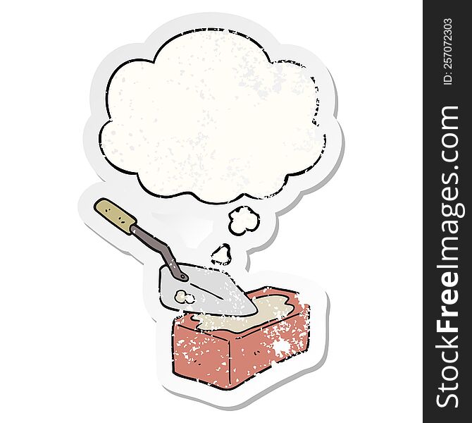 cartoon bricklaying with thought bubble as a distressed worn sticker