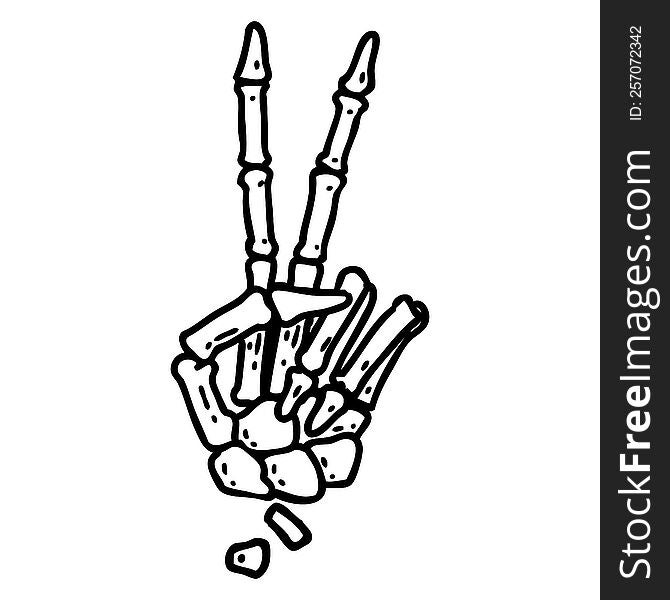 tattoo in black line style of a skeleton giving a peace sign. tattoo in black line style of a skeleton giving a peace sign