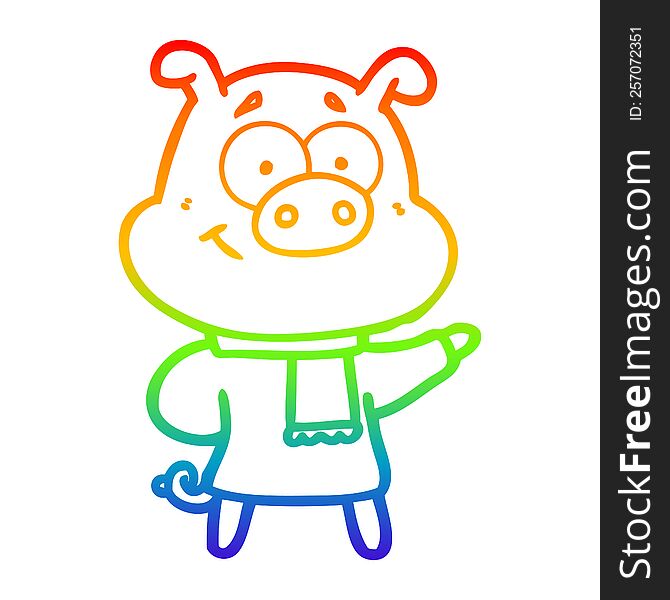 rainbow gradient line drawing happy cartoon pig wearing rainbow clothes