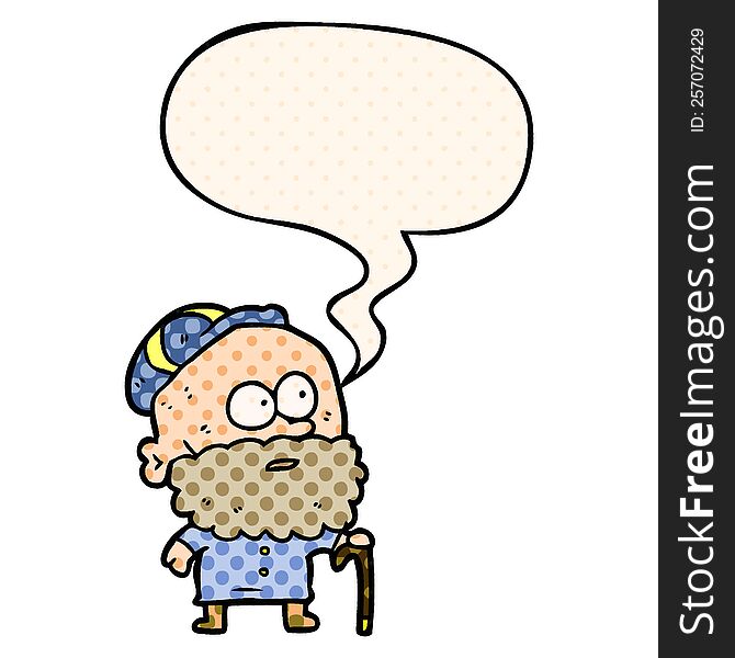 Old Cartoon Man And Walking Stick And Flat Cap And Speech Bubble In Comic Book Style