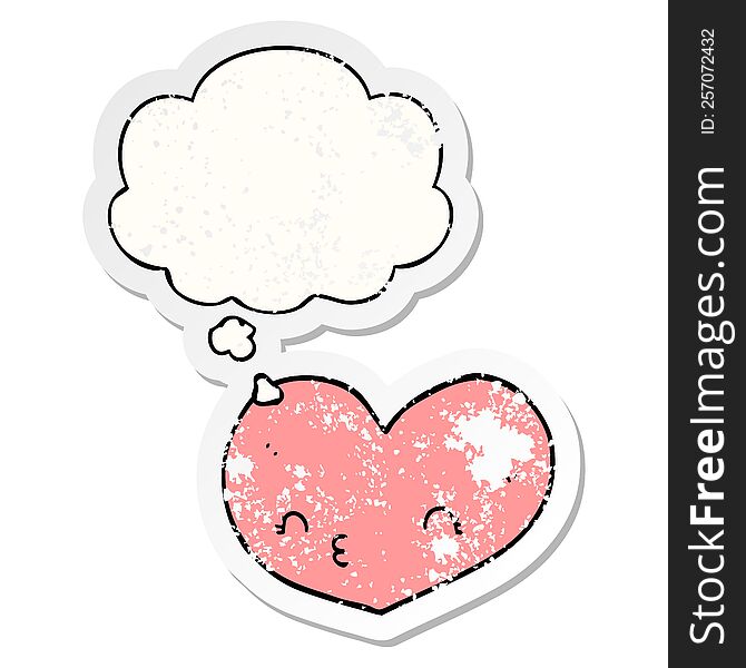 Cartoon Heart With Face And Thought Bubble As A Distressed Worn Sticker
