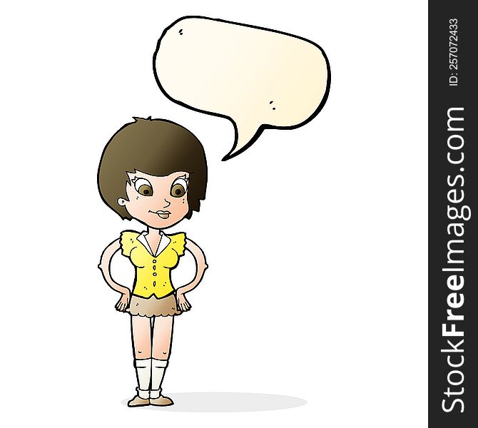 Cartoon Pretty Woman With Hands On Hips With Speech Bubble