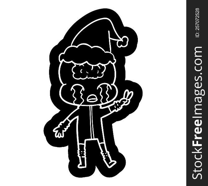 Cartoon Icon Of A Big Brain Alien Crying And Giving Peace Sign Wearing Santa Hat
