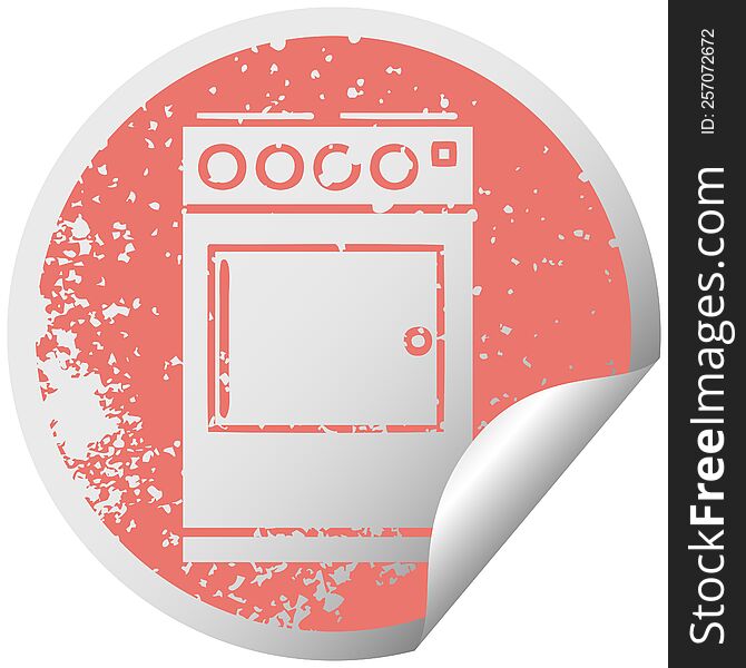 distressed circular peeling sticker symbol of a oven and cooker