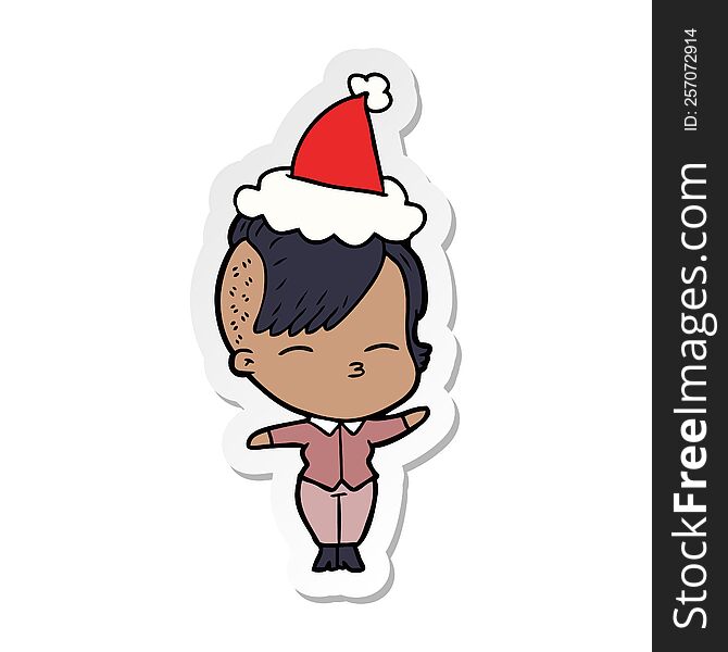 Sticker Cartoon Of A Squinting Girl Wearing Santa Hat