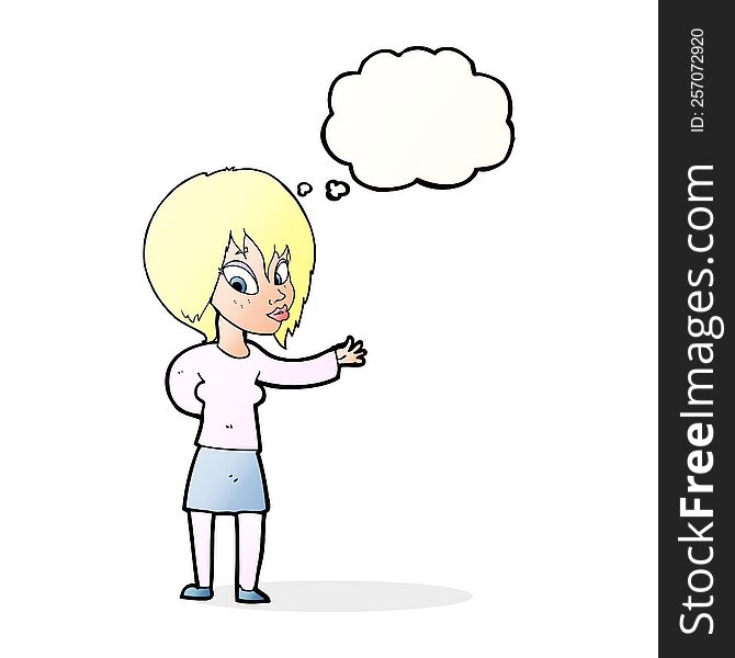 cartoon woman making welcome gesture with thought bubble