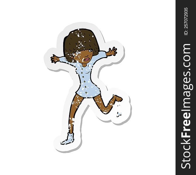 retro distressed sticker of a cartoon woman kicking off sock