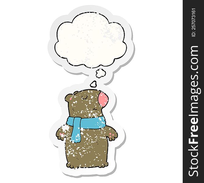 cartoon bear with thought bubble as a distressed worn sticker