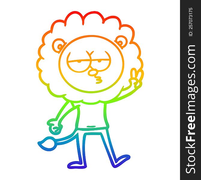 Rainbow Gradient Line Drawing Cartoon Bored Lion Waving