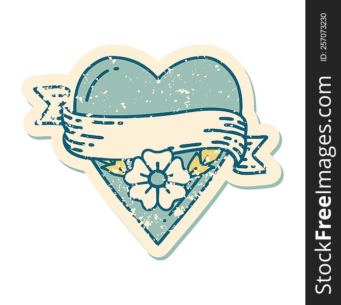 Distressed Sticker Tattoo Style Icon Of A Heart Flower And Banner