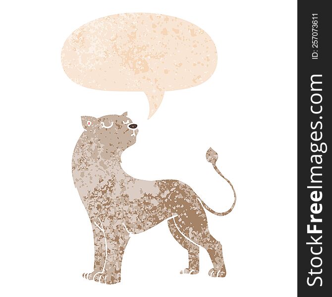 Cartoon Lioness And Speech Bubble In Retro Textured Style