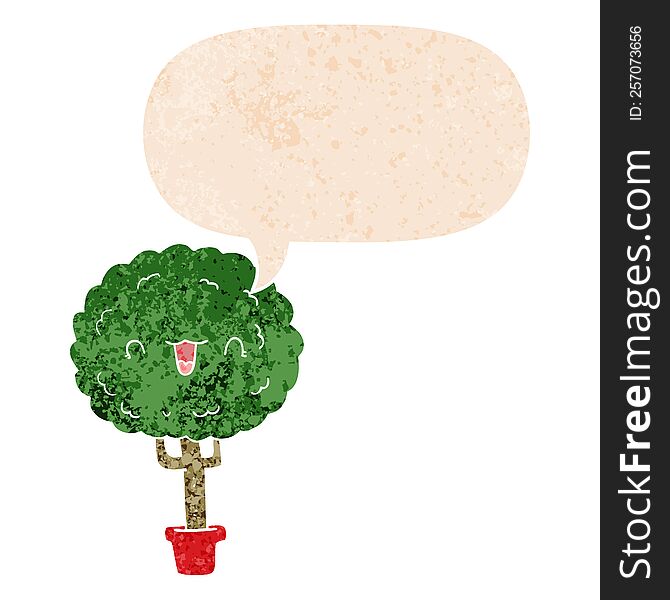 Cartoon Happy Tree And Speech Bubble In Retro Textured Style