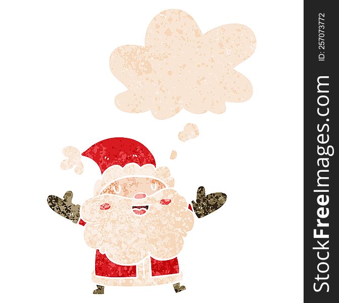 Cartoon Santa Claus And Thought Bubble In Retro Textured Style