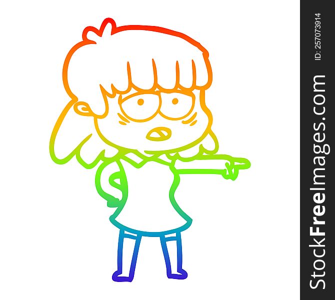 rainbow gradient line drawing of a cartoon tired woman pointing