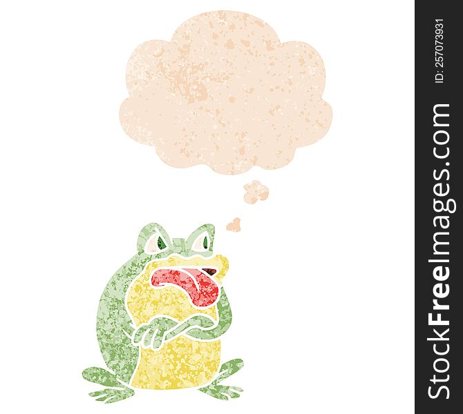 Grumpy Cartoon Frog And Thought Bubble In Retro Textured Style
