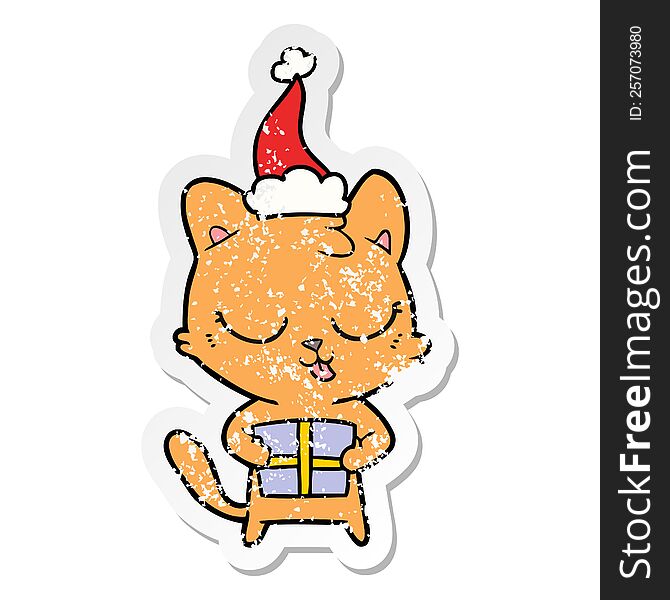 Cute Distressed Sticker Cartoon Of A Cat Wearing Santa Hat