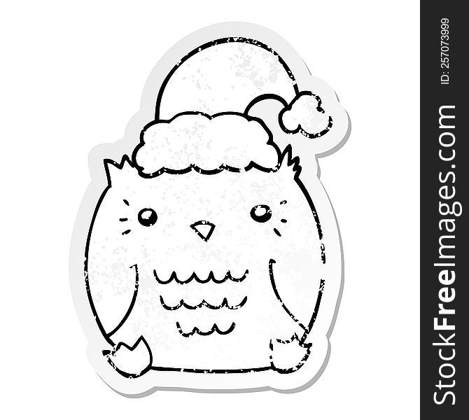 Distressed Sticker Of A Cute Cartoon Owl Wearing Christmas Hat