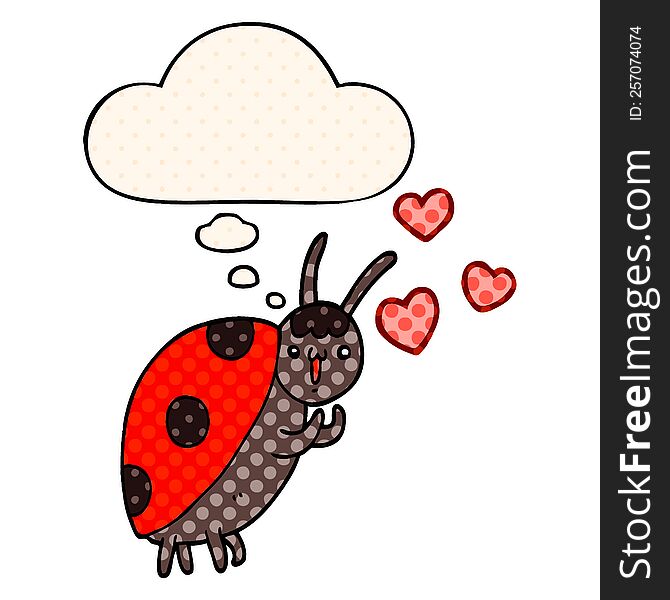 cute cartoon ladybug in love with thought bubble in comic book style