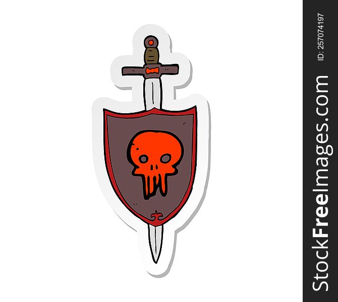 sticker of a cartoon heraldic shield with skull