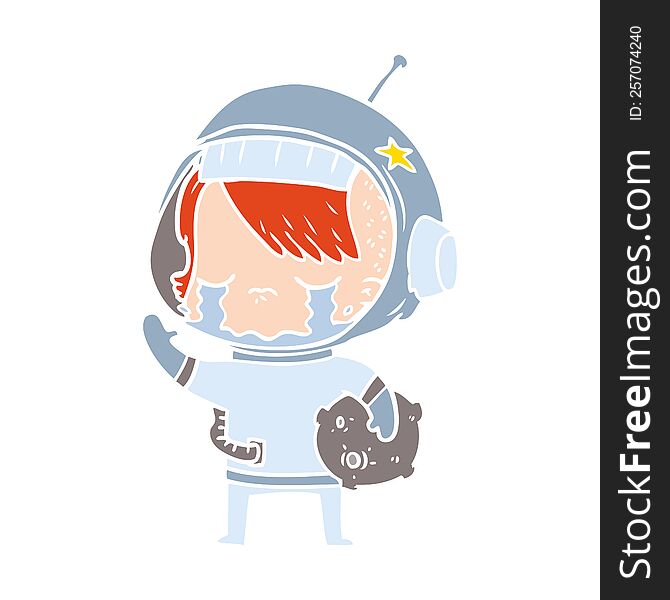 flat color style cartoon crying astronaut girl carrying rock sample