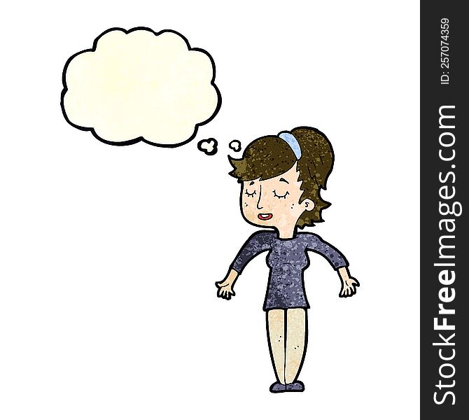 Cartoon Friendly Woman Shrugging Shoulders With Thought Bubble