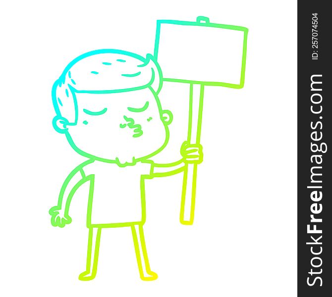 cold gradient line drawing of a cartoon model guy pouting with sign