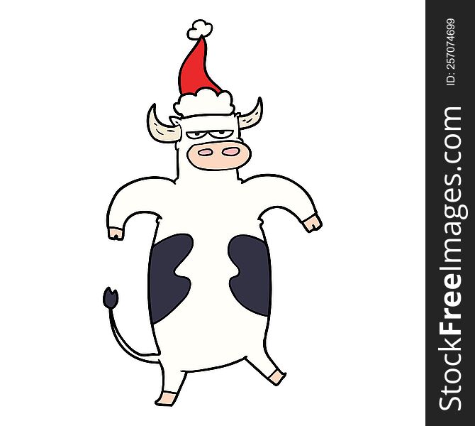 Line Drawing Of A Bull Wearing Santa Hat