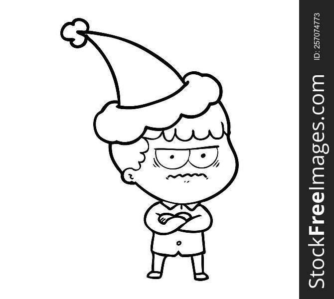 Line Drawing Of An Annoyed Man Wearing Santa Hat