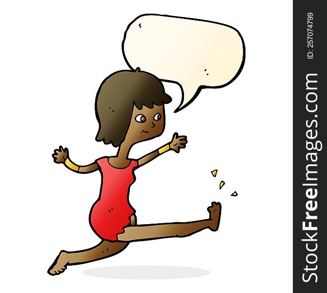 Cartoon Happy Woman Kicking With Speech Bubble