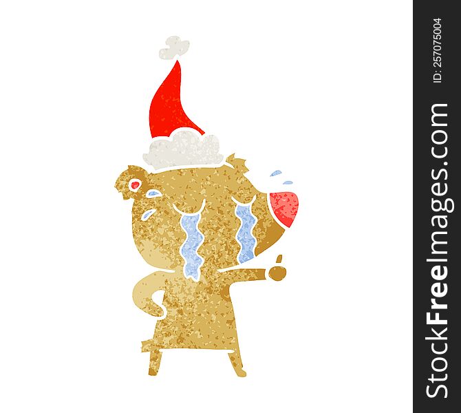 Retro Cartoon Of A Crying Bear Wearing Santa Hat