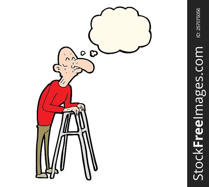 cartoon old man with walking frame with thought bubble